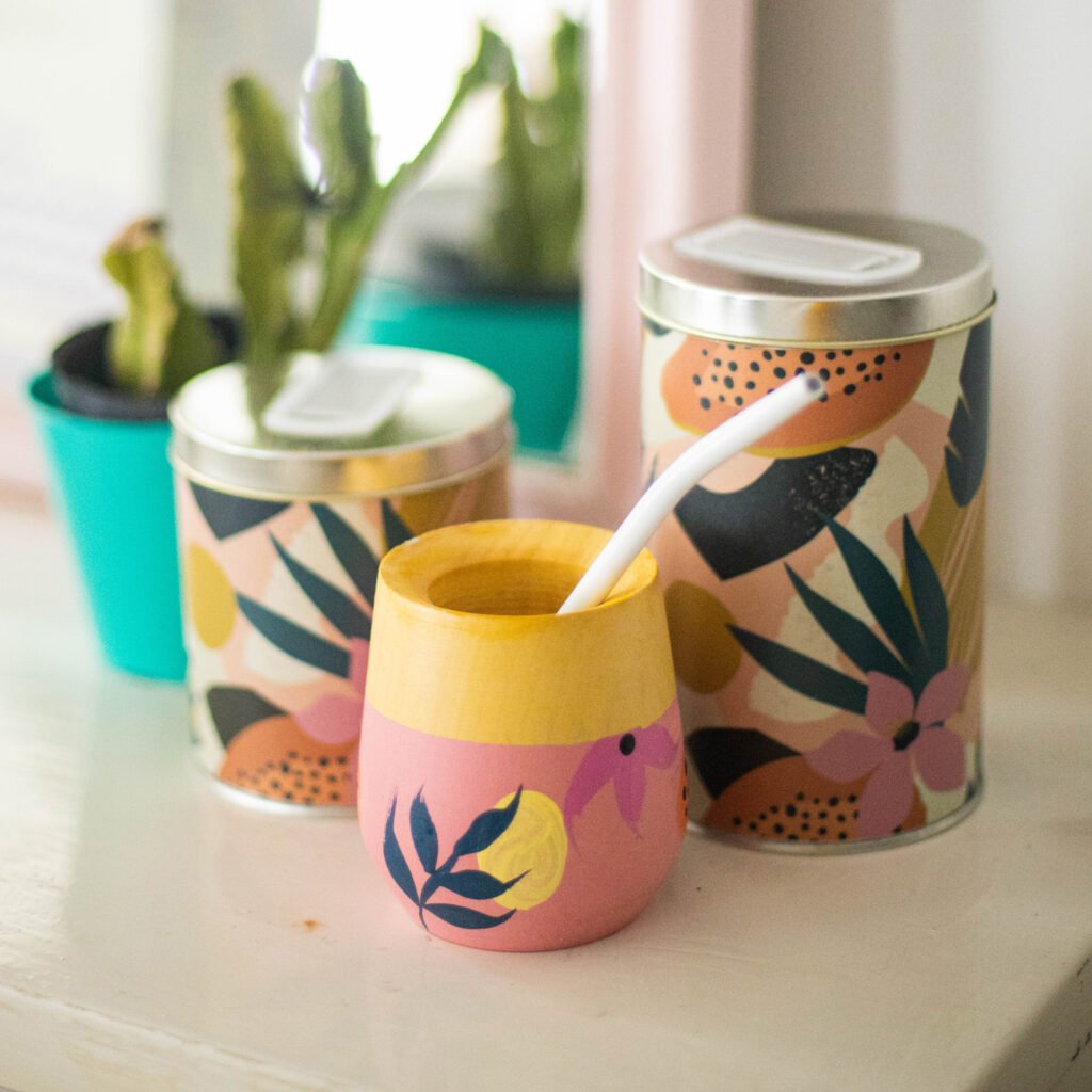 set Latas + Mate De Madera Pintado Diseños