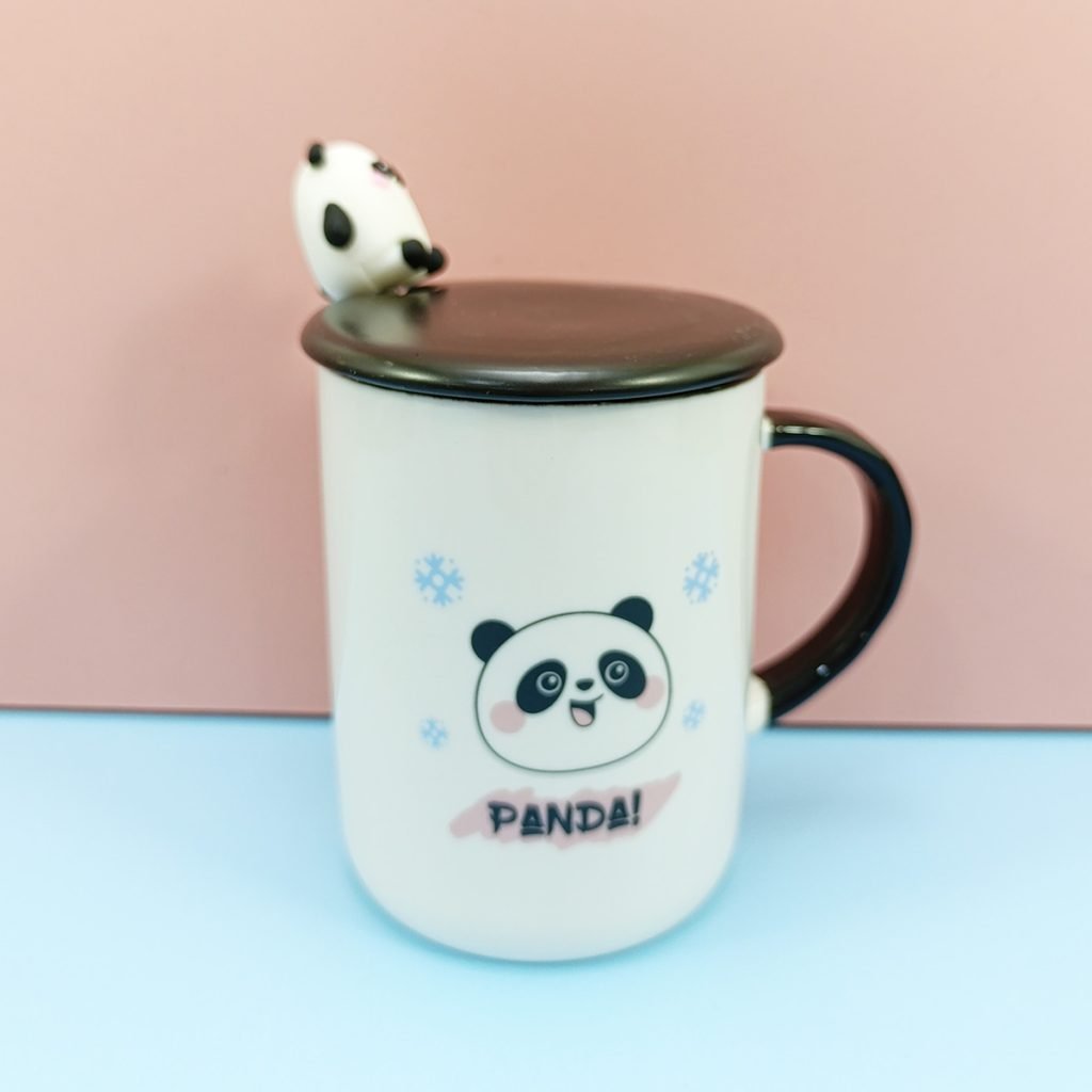 Taza Panda Ceramica C/Tapa Y Cuchara